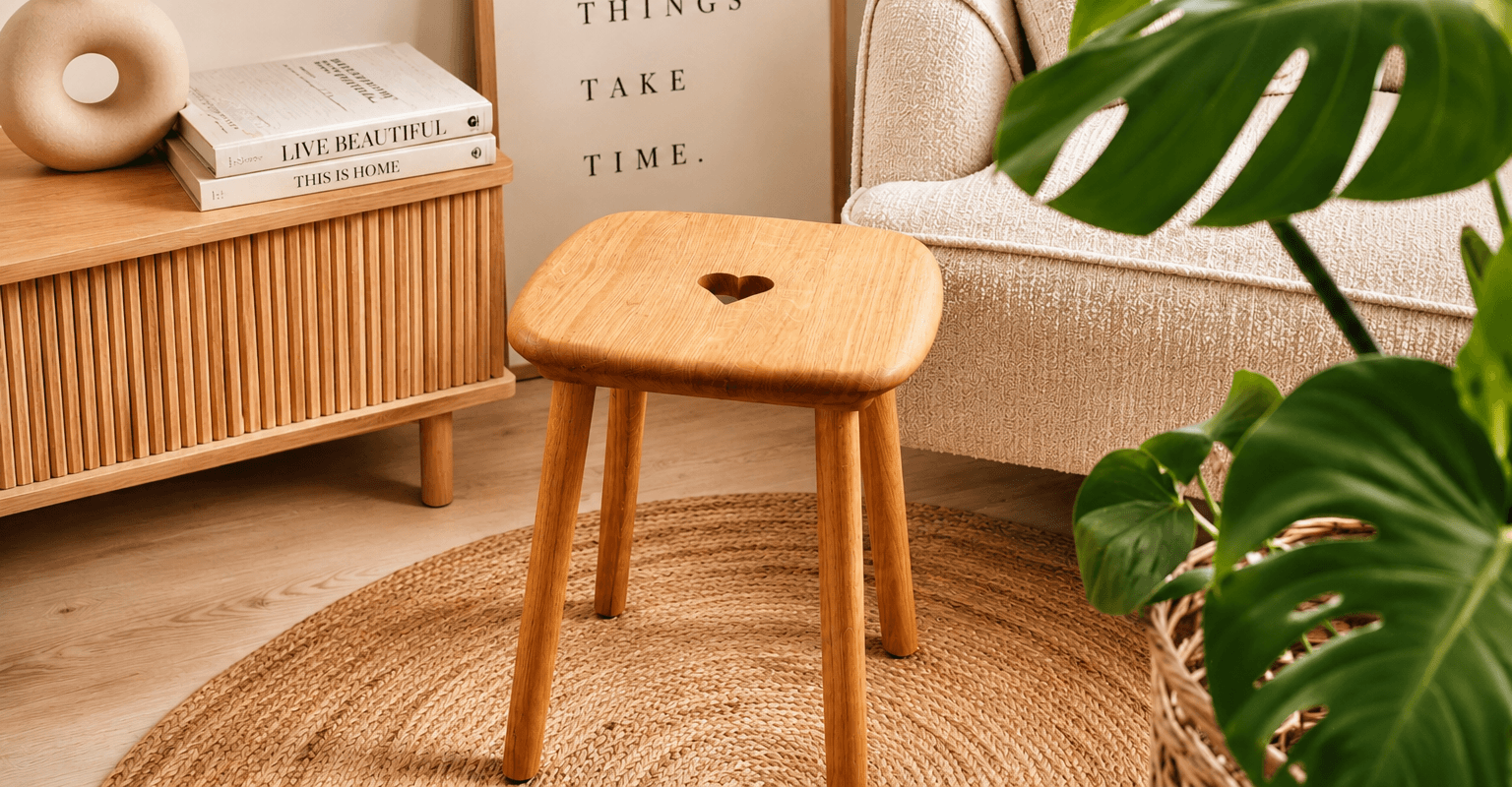 Gemütliches Wohnzimmer mit Herz-Hocker